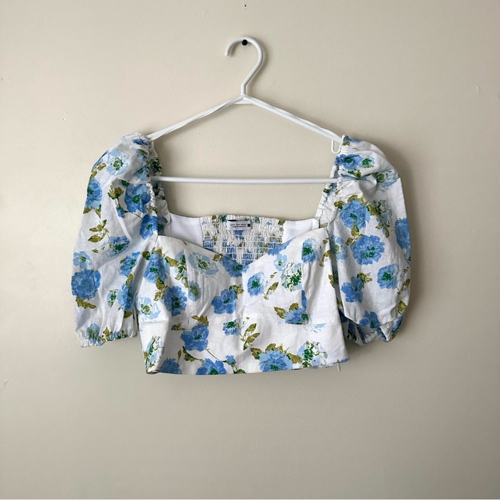 ZARA blue floral puff sleeve top